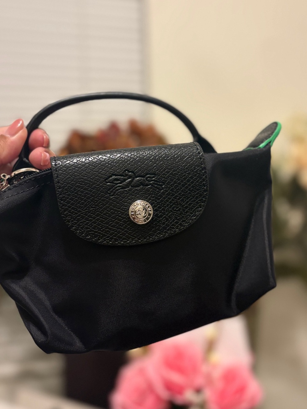 Longchamp Small Black Mini Top-Handle Bag with Green Trim